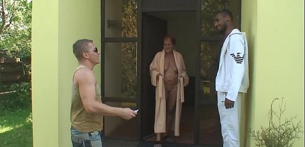  Two dudes fuck her shaved pussy grandmother